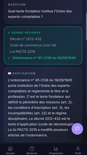 QCM corrigé : la bonne réponse, l'ordonnance du 19 septembre 1945, et son explication.